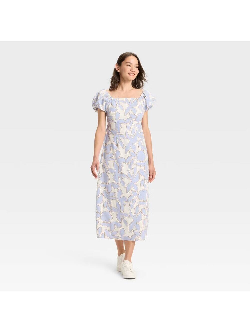 A New Day NWT Women's Puff Short Sleeve Maxi Dress Blue Cream Floral XS